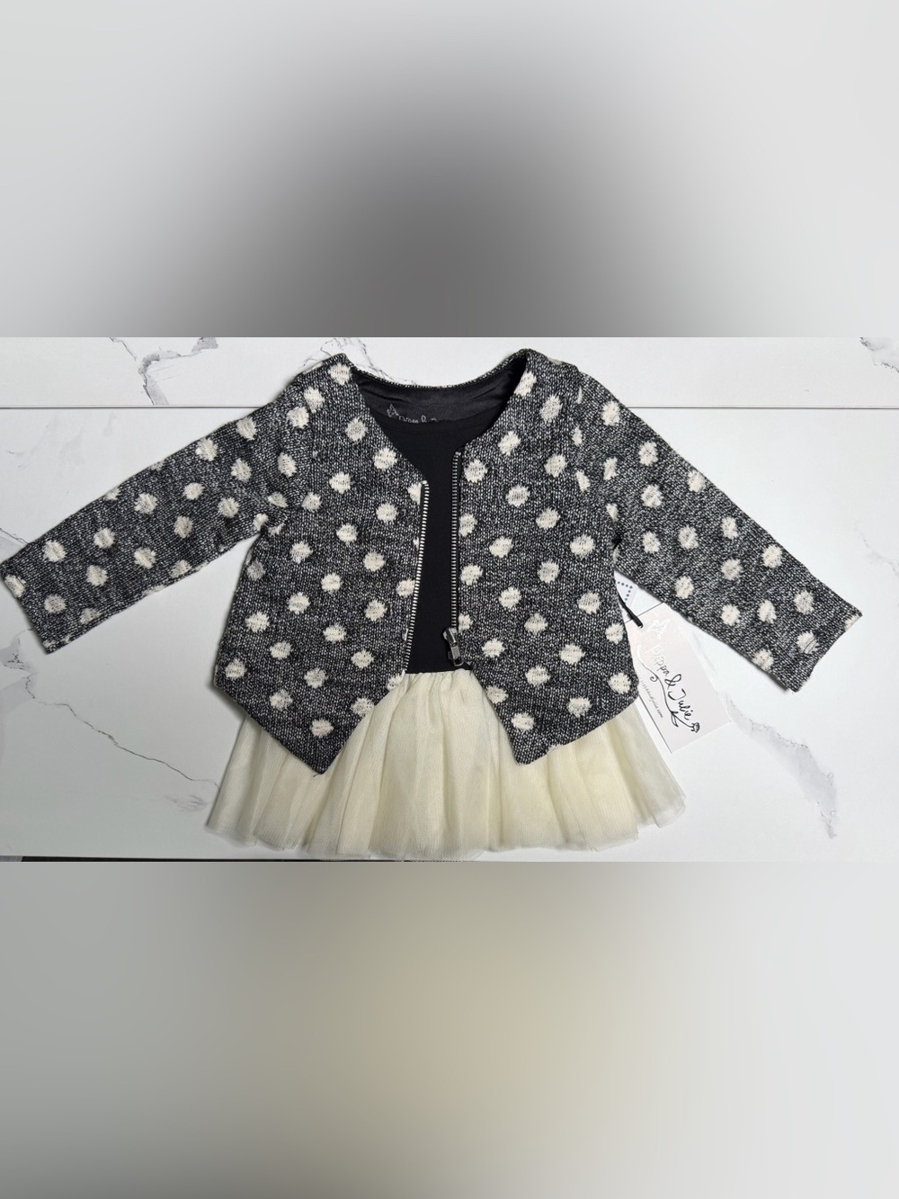 Pippa & Julie Black and Cream Polka Dot Knit Jacket & Black Top w/ Tulle Edging